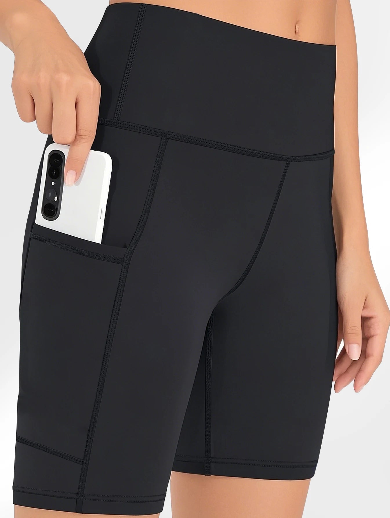 High-tummy-control shorts; pocket style.