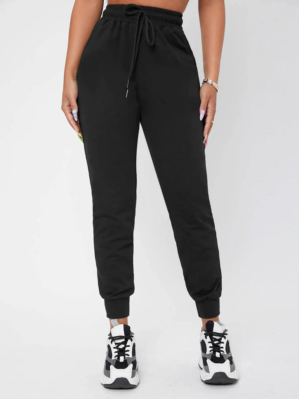 Black Drawstring Waist Jogger Pants with Elastic Cuffs