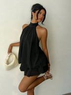 Light Blue Halter Neck Backless Mini Dress  Layered Ruffles