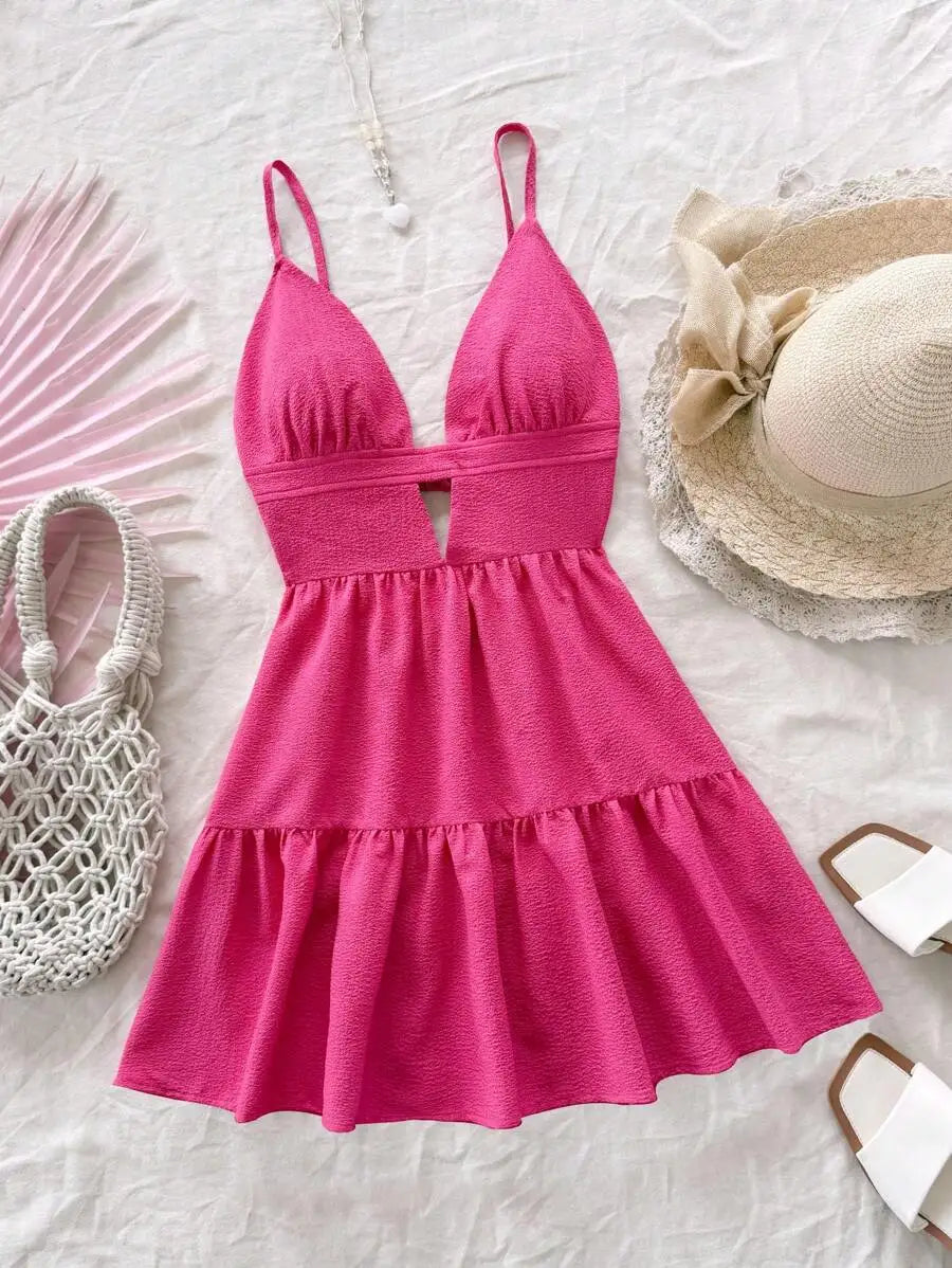 Black V-Neck Sleeveless Backless Summer Dress for Women, Casual Beach Party Wear