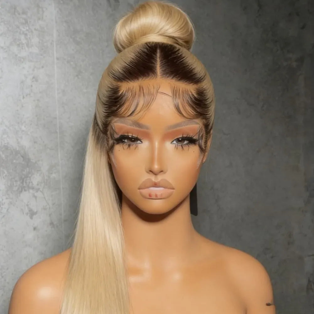 Ombre Brown Roots Ash Blonde Wig 13x4 H
Straight Lace Front Wig Human Hair 200 Density Human Hair Wig