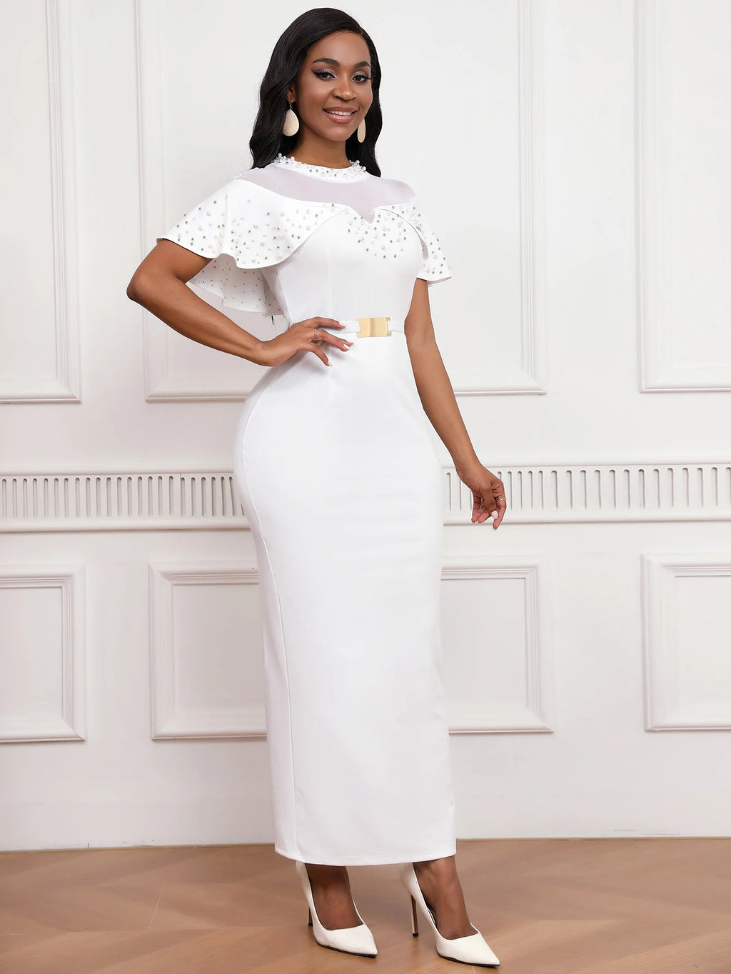 Elastic Dress Beaded Shawl Sleeves, Belted, Slimming Long Skirt