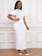 Elastic Dress Beaded Shawl Sleeves, Belted, Slimming Long Skirt