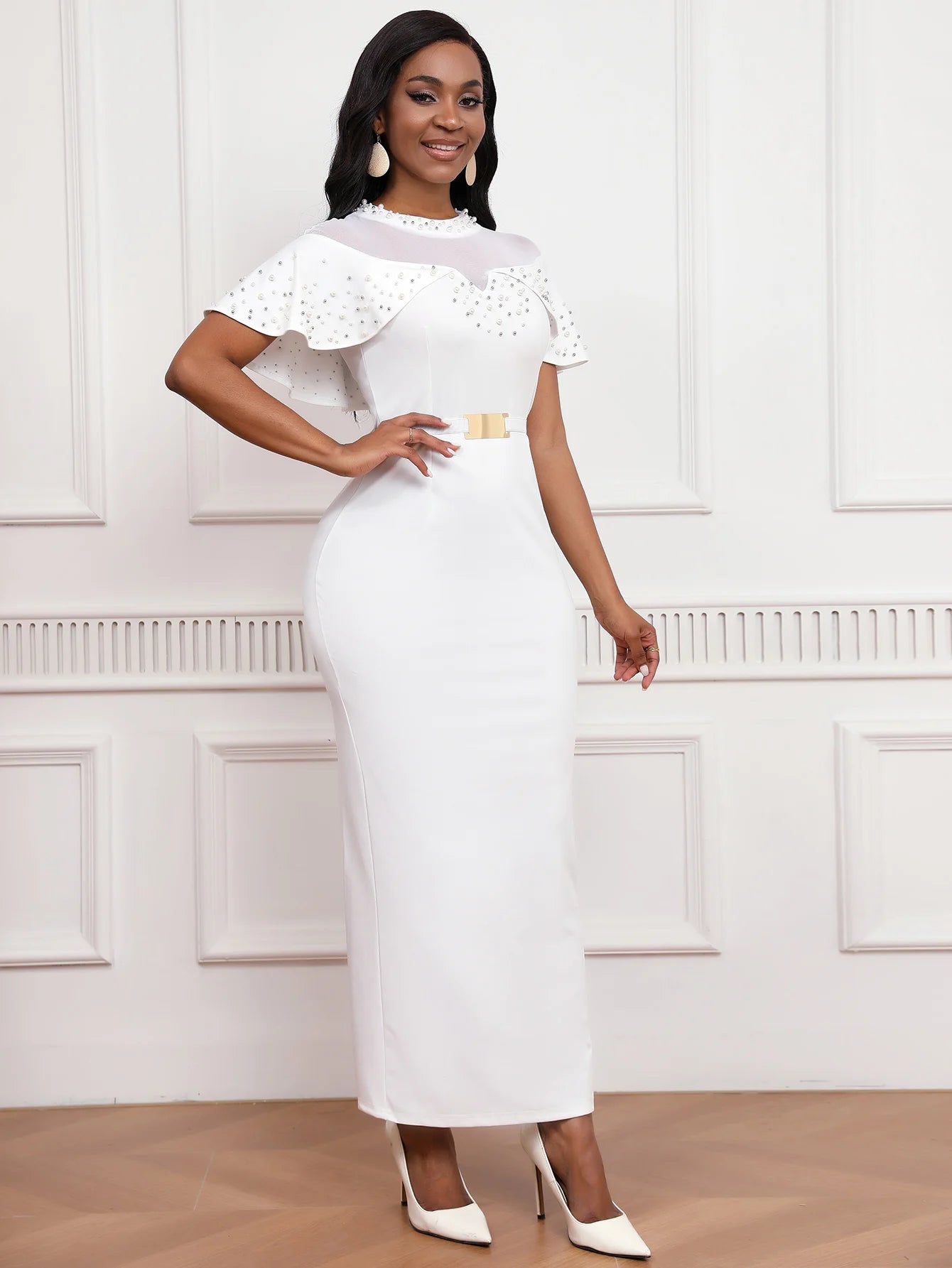 Elastic Dress Beaded Shawl Sleeves, Belted, Slimming Long Skirt