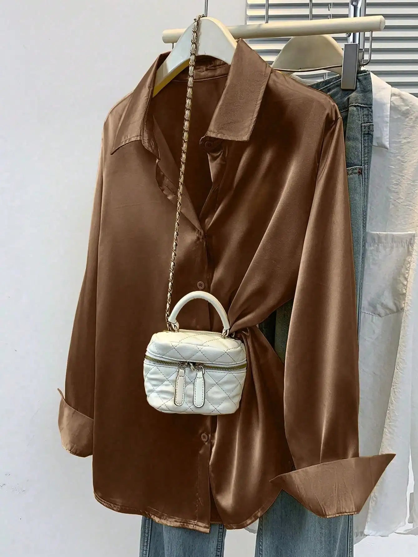 Women's Satin Button-Up Blouse, Elegant Collared Shirt