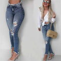 high waisted fringed ripped jeans with irregular edges, slim fit