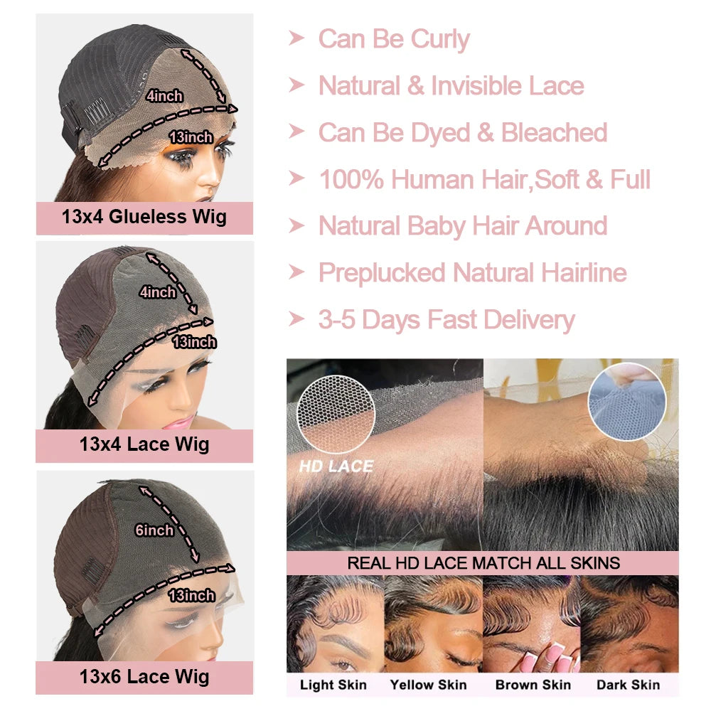 13x6 Glueless HD Lace Front Wig Body Wave Brazilian Human Hair
 Pre Cut Lace Short Bob Pre Plucked For Black Women Ready To Wear