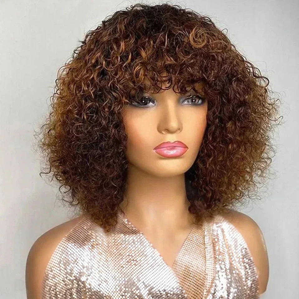 Curly Human Hair Wigs Full Machine Made for Women 
Short Bob With Bangs Affordable Natural Black Hairline Styling Ready