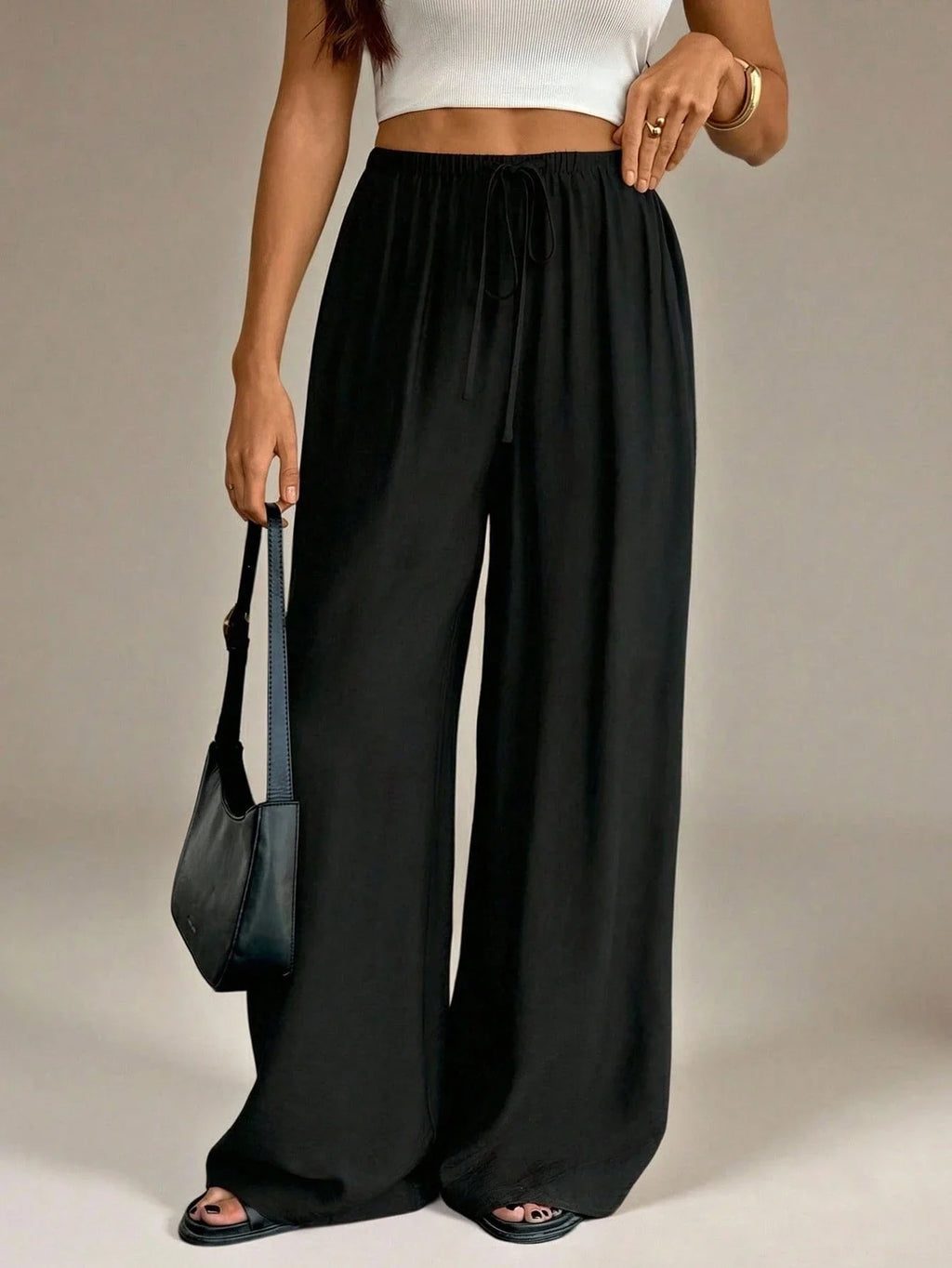 Women Wide Leg Pants Casual High Waist Elastic Drawstring Black