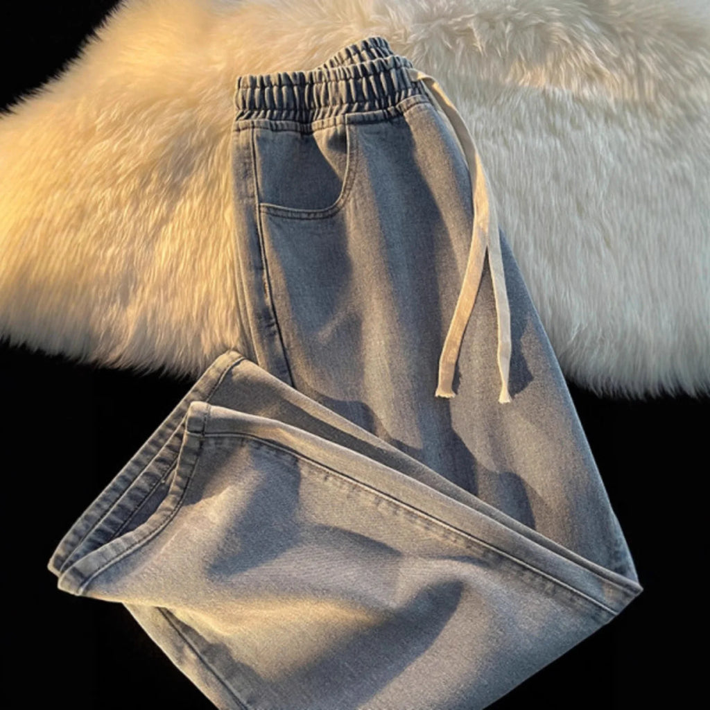 Fleece Lined Thickened Jeans Elastic Waist