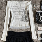 Women T-shirt Long Sleeve Boat Neck Music Notes