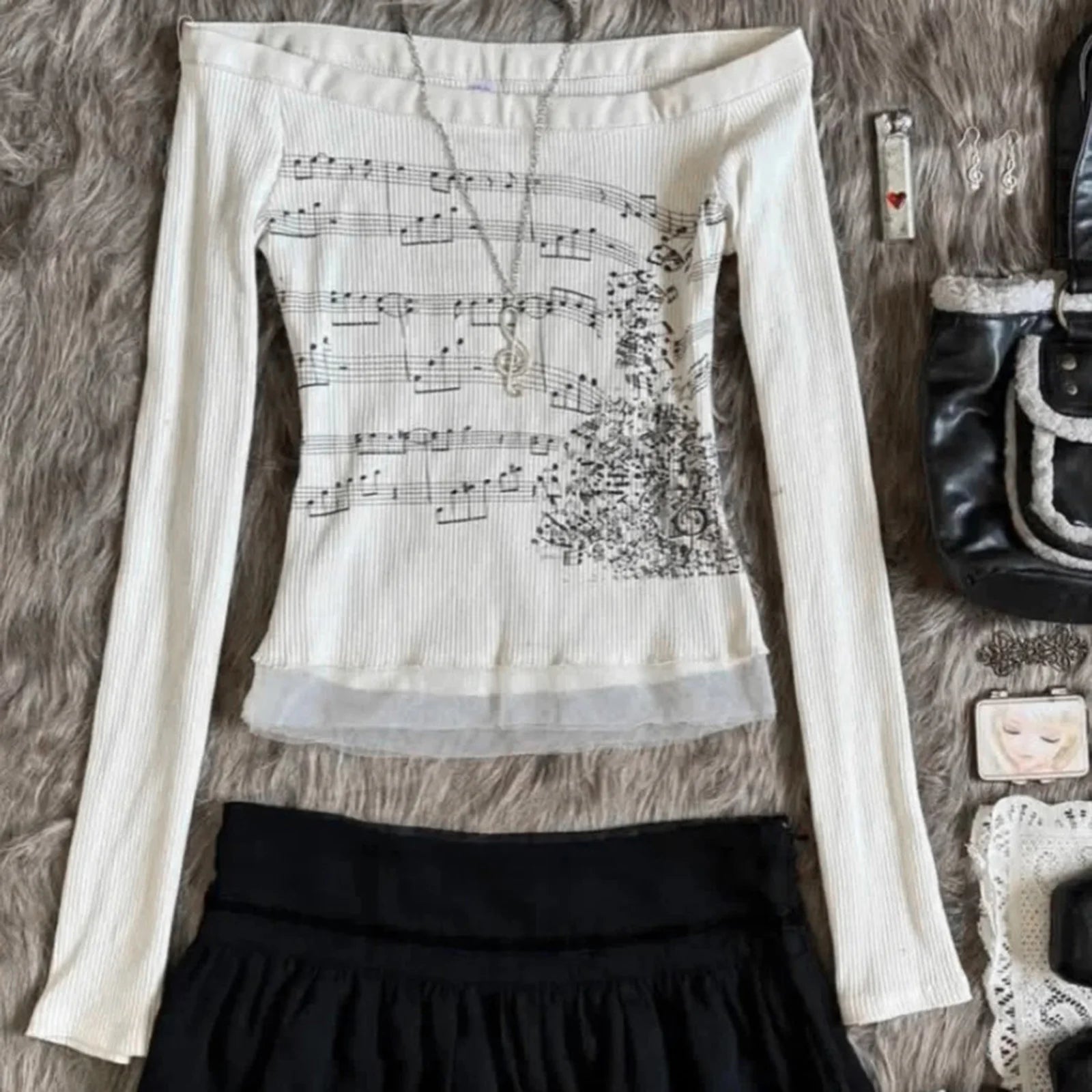 Women T-shirt Long Sleeve Boat Neck Music Notes