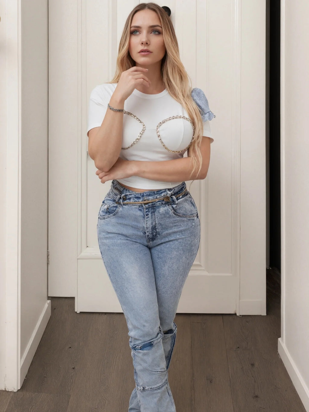 Women's high-waisted slim-fit stretch denim pants