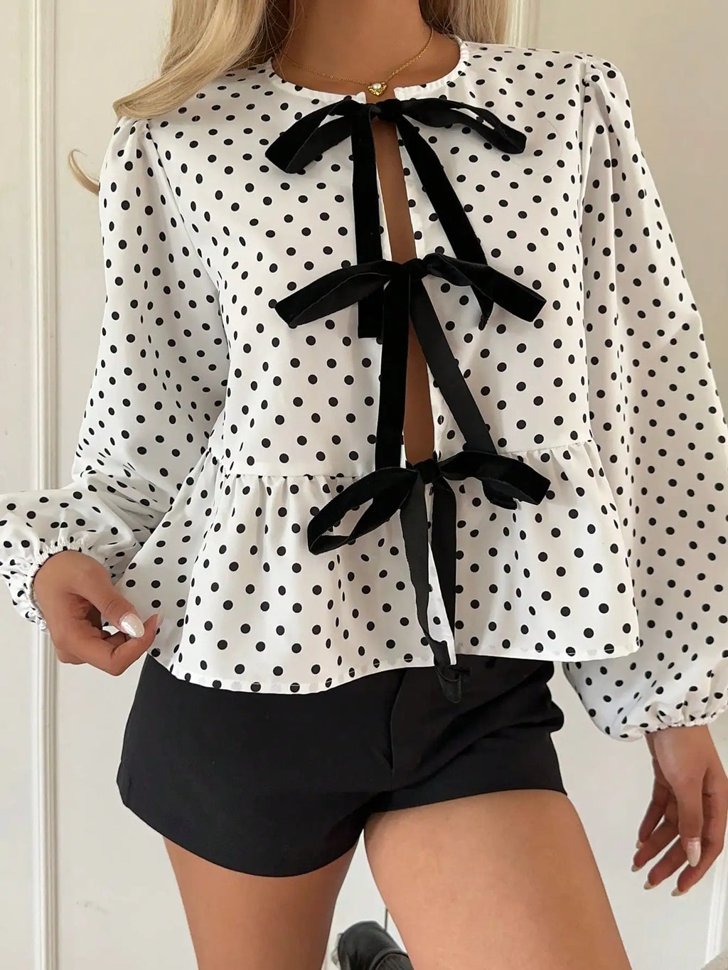 Red & White Gingham Blouse Bow Tie Front Puff Sleeves