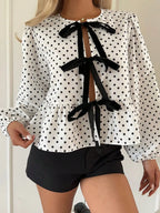 Red & White Gingham Blouse Bow Tie Front Puff Sleeves