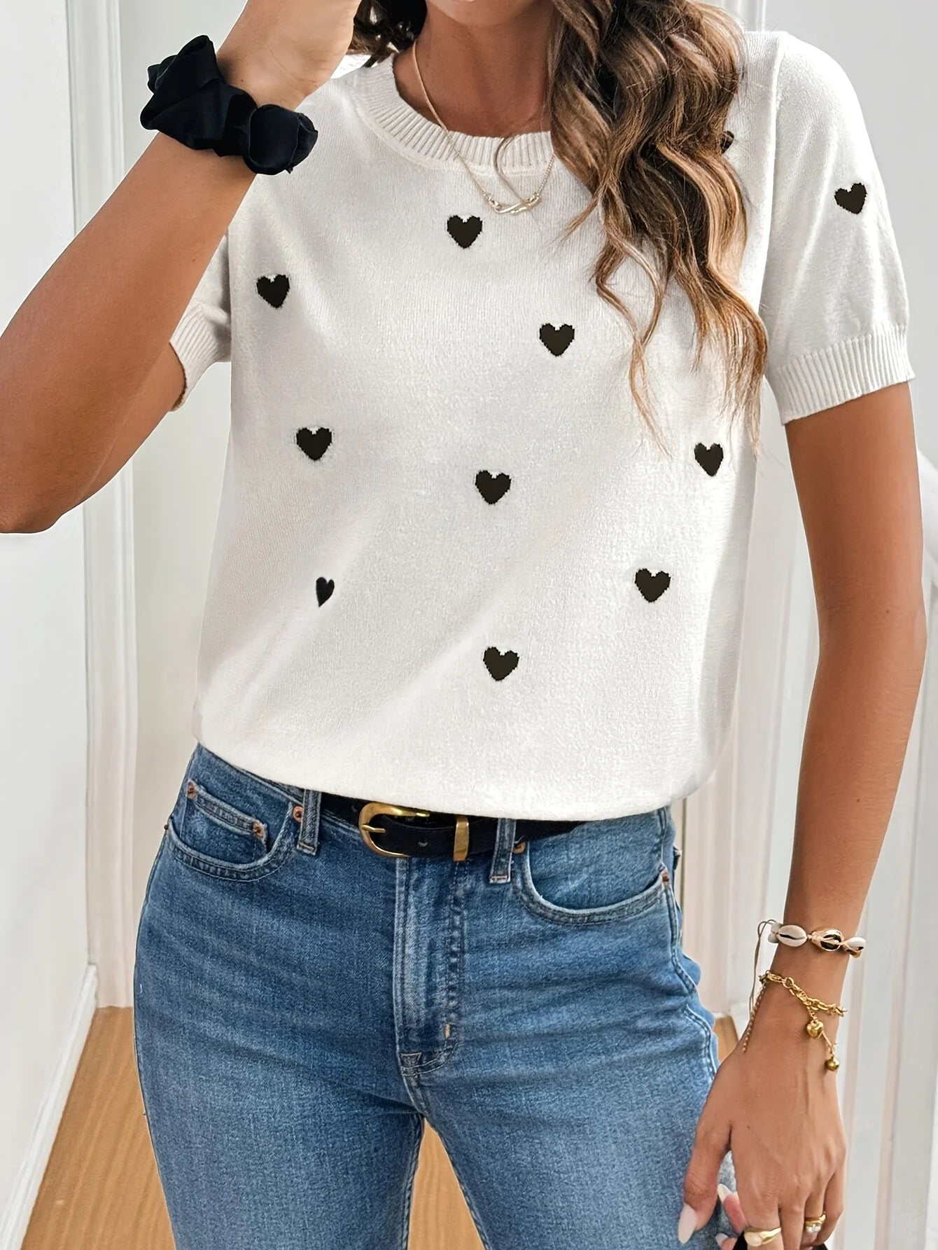 Woman Sweater Knitted Round Neck Short Sleeve Tops