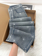 Rhinestone Embellished Straight Leg Blue Jeans