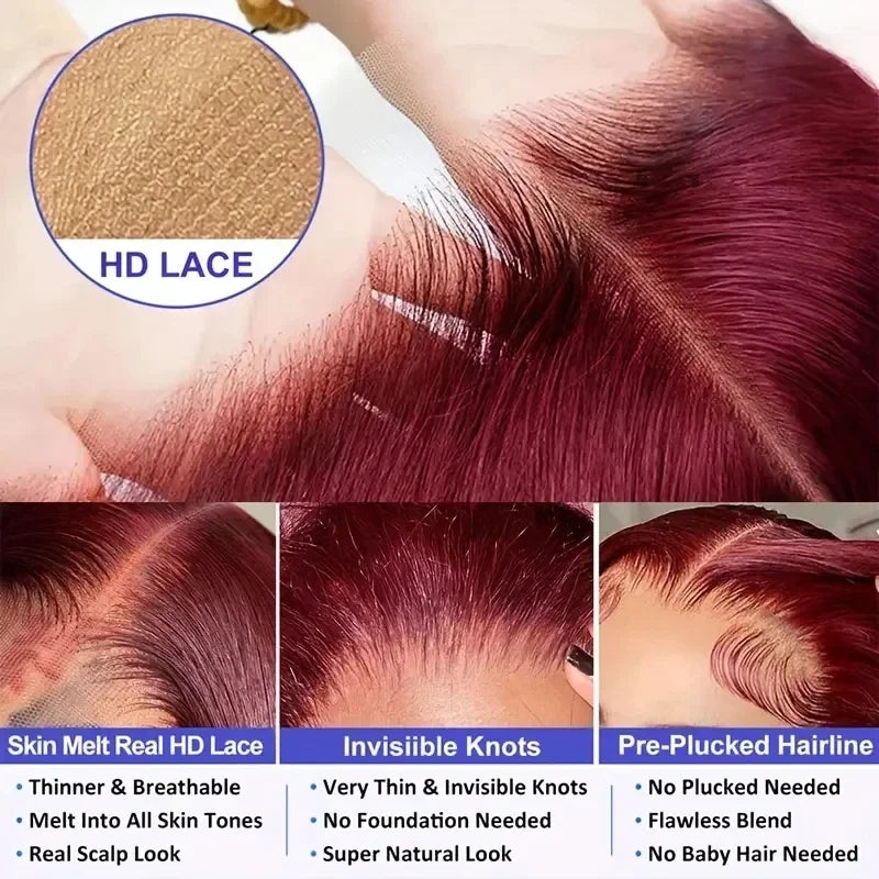 99j Burgundy 13x6 HD Lace Frontal Human Hair Wig 30 40 Inch Body Wave 
Lace Front Wigs 250 Density Red Colored Pre Plucked Wig