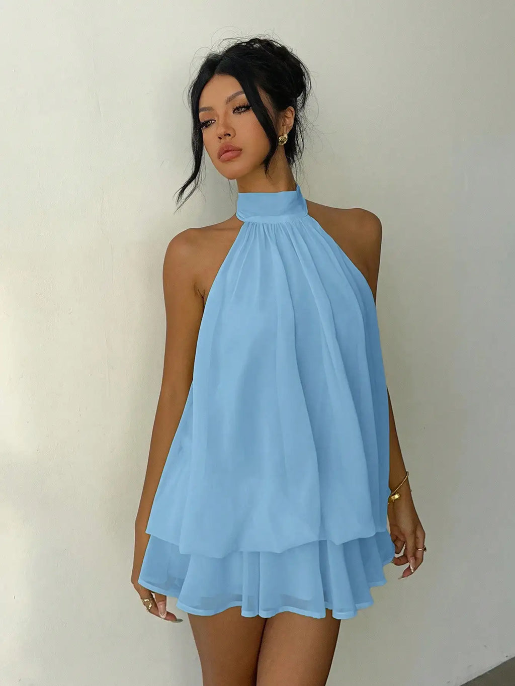 Light Blue Halter Neck Backless Mini Dress  Layered Ruffles