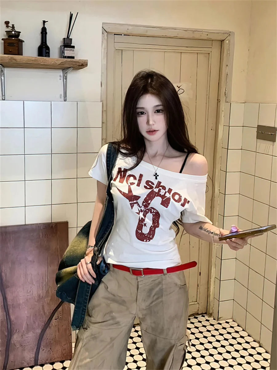 Y2k Sport Off shoulder Top Women Short sleeve T shirt