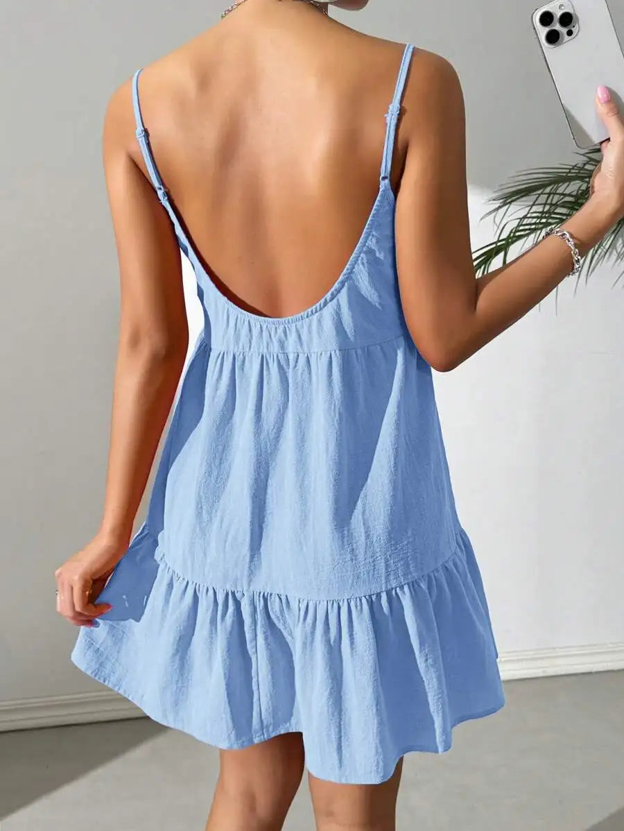 Backless Camisole Dress Ruffle Hem, Mini Dress