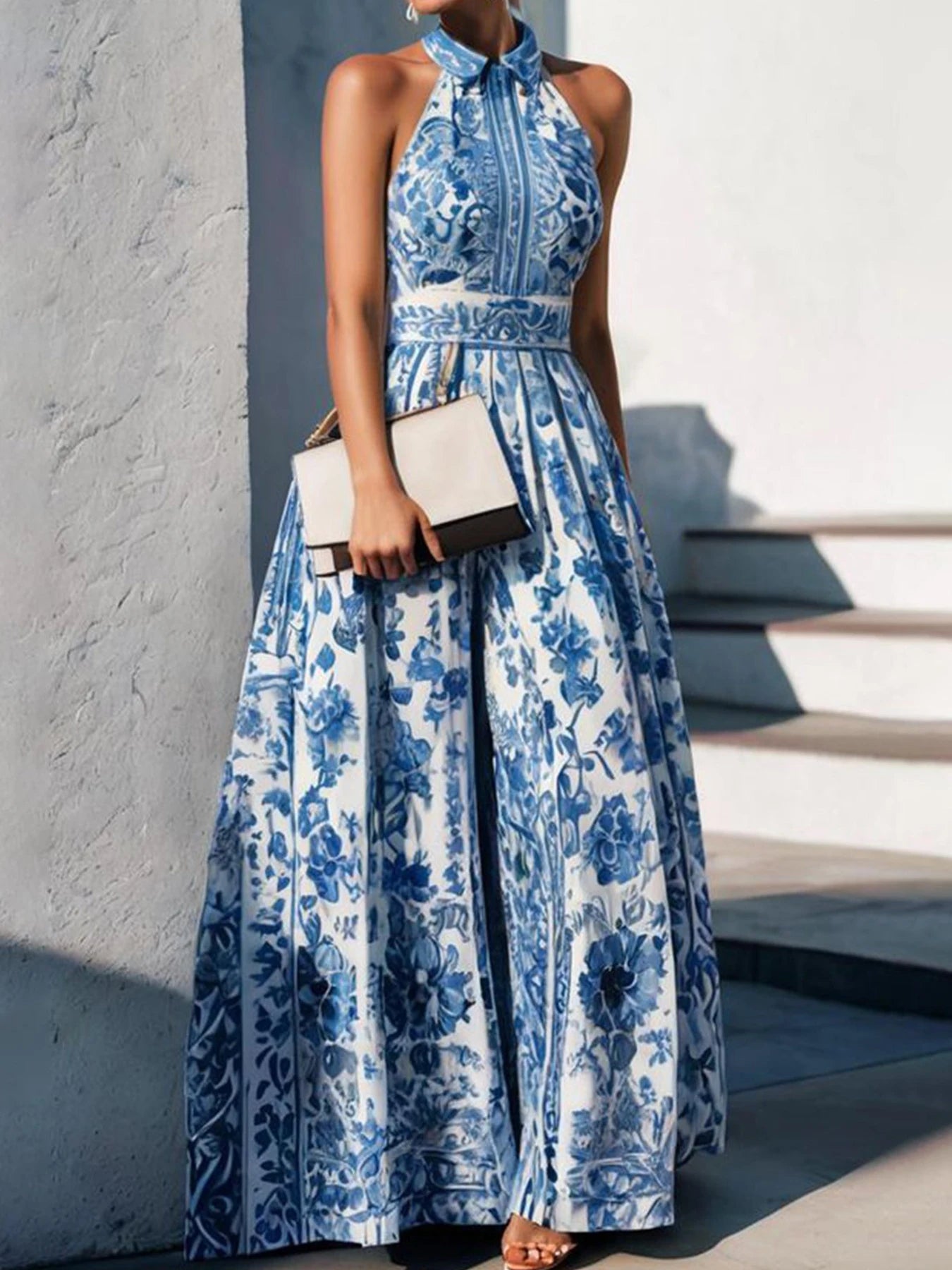 Blue and White Floral Print Women's Long A-Line Dress