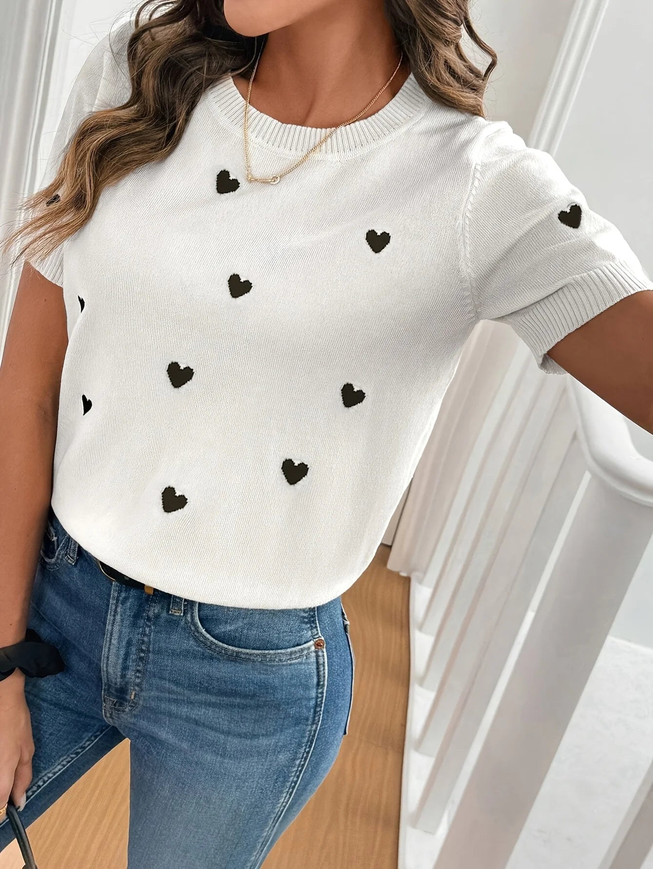 Woman Sweater Knitted Round Neck Short Sleeve Tops