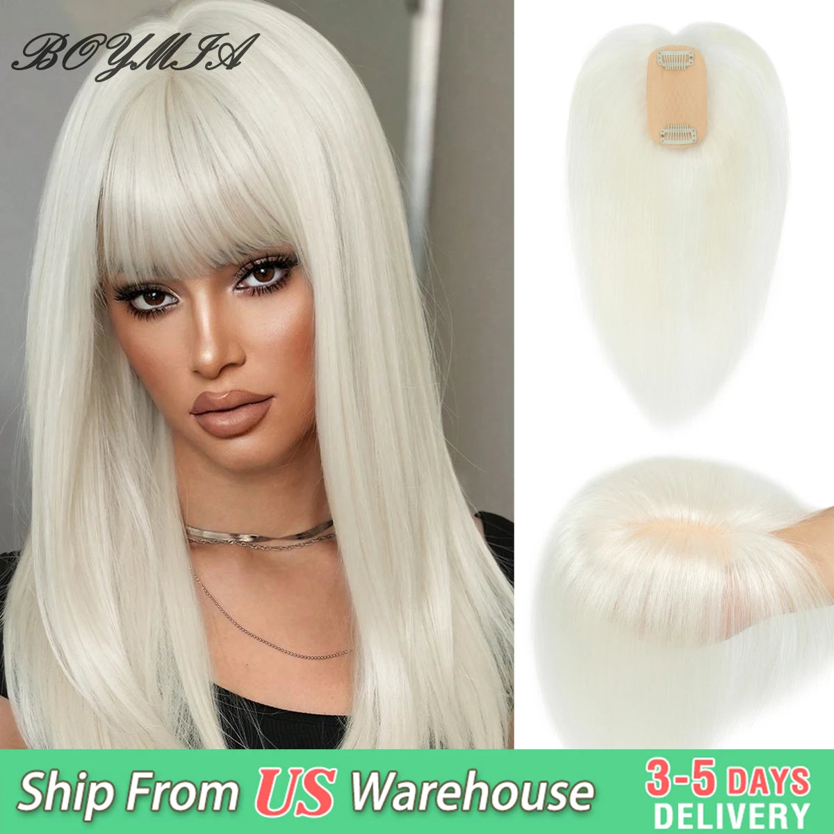Human Hair Topper with Bangs Hand-Tied Thin 
5 * 9cm Base Light Weight Clip