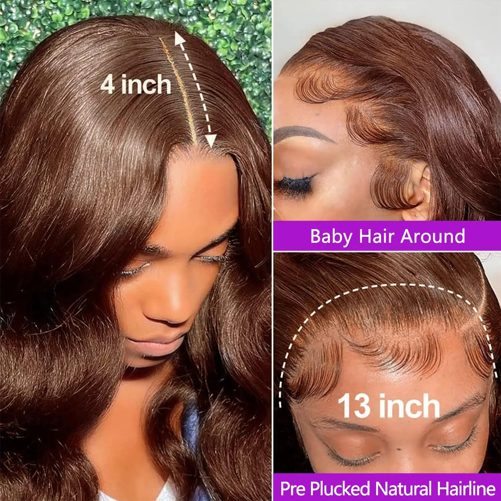 Body Wave Chocolate Brown Lace Front Wigs Human Hair
 Pre Plucked Brazilian Brown Virgin Hair Glueless HD Frontal Wig