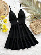 Black V-Neck Sleeveless Backless Summer Dress for Women, Casual Beach Party Wear