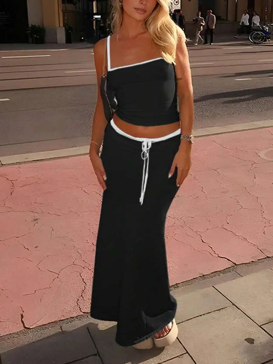 2-Piece Solid Color Crop Top  Maxi Skirt Set