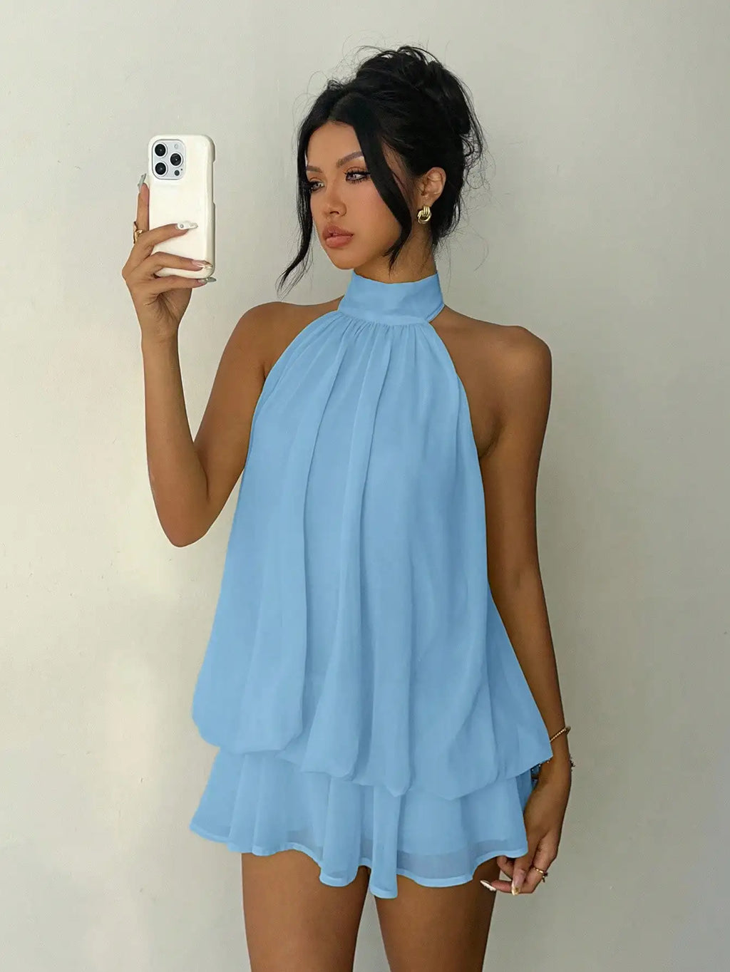 Light Blue Halter Neck Backless Mini Dress  Layered Ruffles