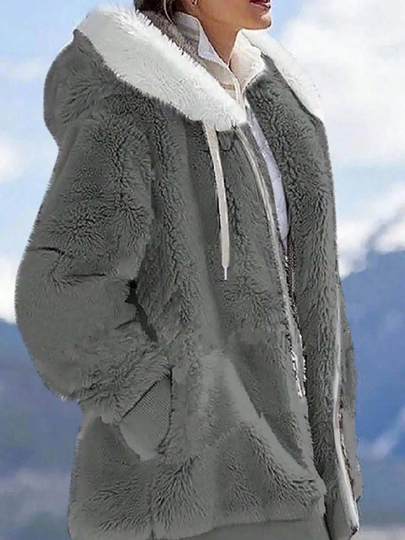 Loose Plush Zipper Hooded Jacket For Women