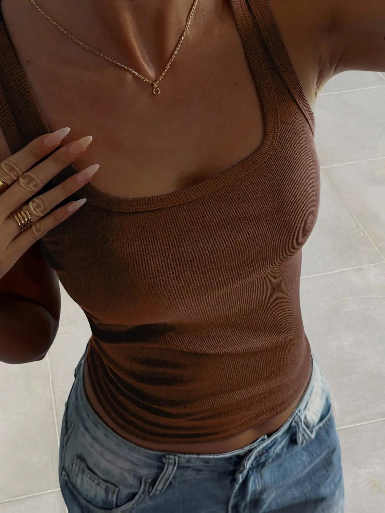 Women's Ribbed Square Neck Tank Soft Solid Color