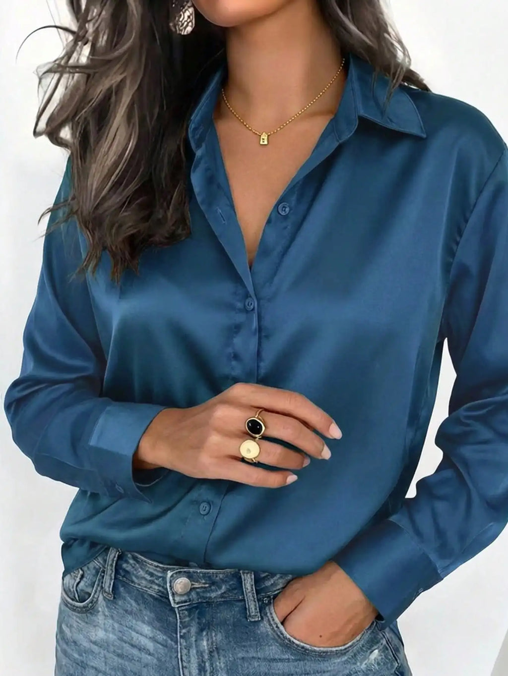 Women's Satin Button-Up Blouse, Elegant Collared Shirt