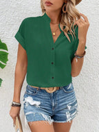 V-Neck Short Sleeve Button Down Shirt