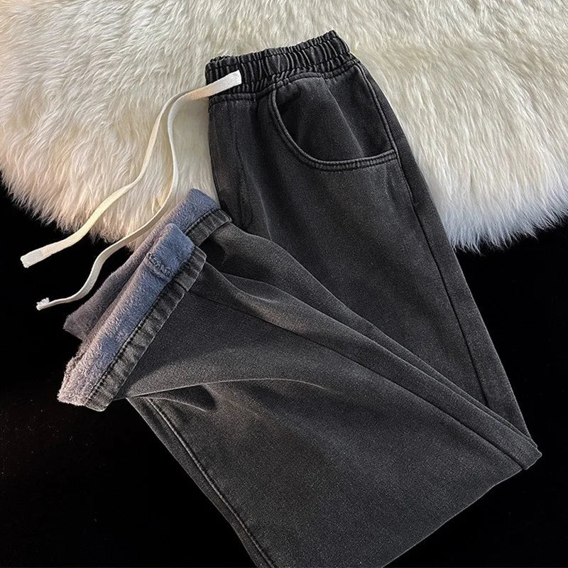 Fleece Lined Thickened Jeans Elastic Waist