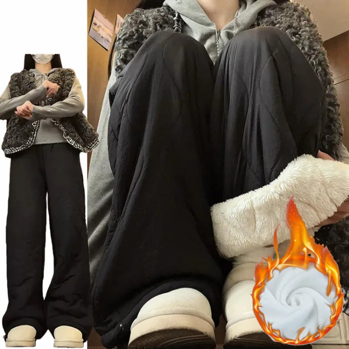 Blue Velvet Fleece Lined Casual Wide Leg Pants Women's