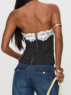 Lace Tops with Polka Dot Print Strapless Fit Zip Up