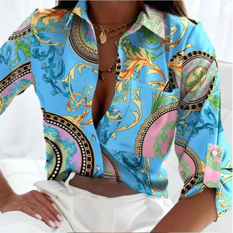 Long Sleeve Lapel Slim Women Multicolor Printed Shirts