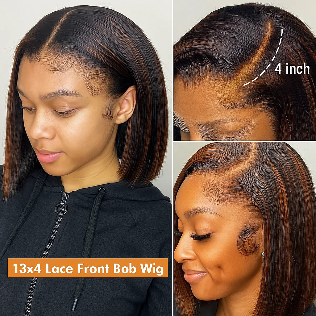 Highlight Colored 13x4 Lace Frontal Wigs Silky Straight Human Hair
  Front Short Bob Wigs Pre Cut Glueless Straight Bob Wigs