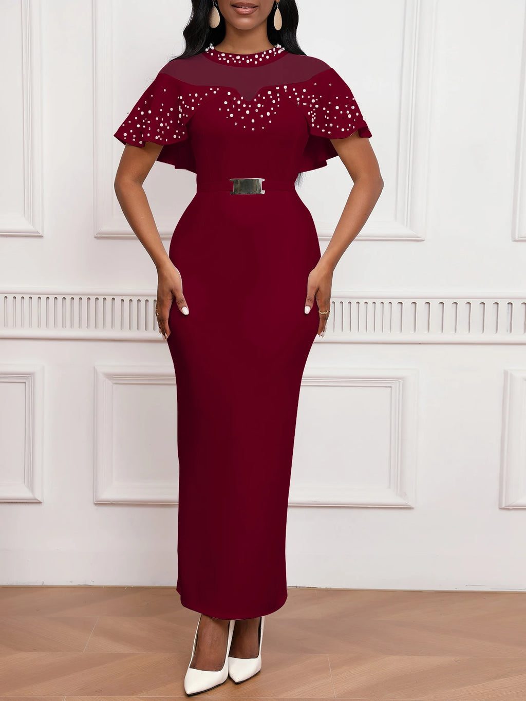 Elastic Dress Beaded Shawl Sleeves, Belted, Slimming Long Skirt