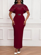Elastic Dress Beaded Shawl Sleeves, Belted, Slimming Long Skirt