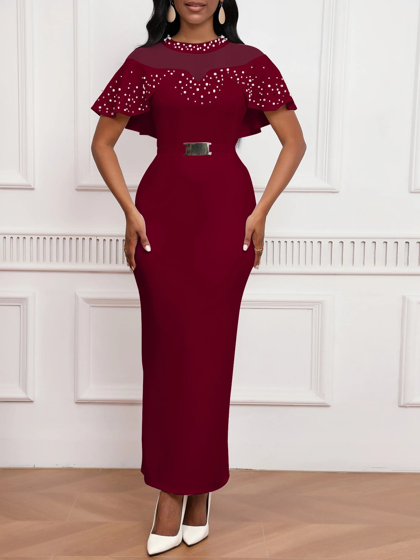 Elastic Dress Beaded Shawl Sleeves, Belted, Slimming Long Skirt