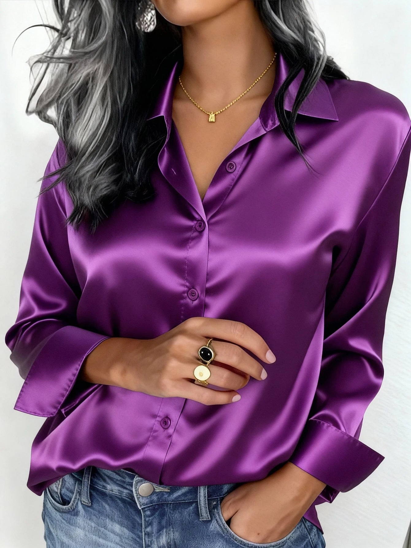 Women's Satin Button-Up Blouse, Elegant Collared Shirt