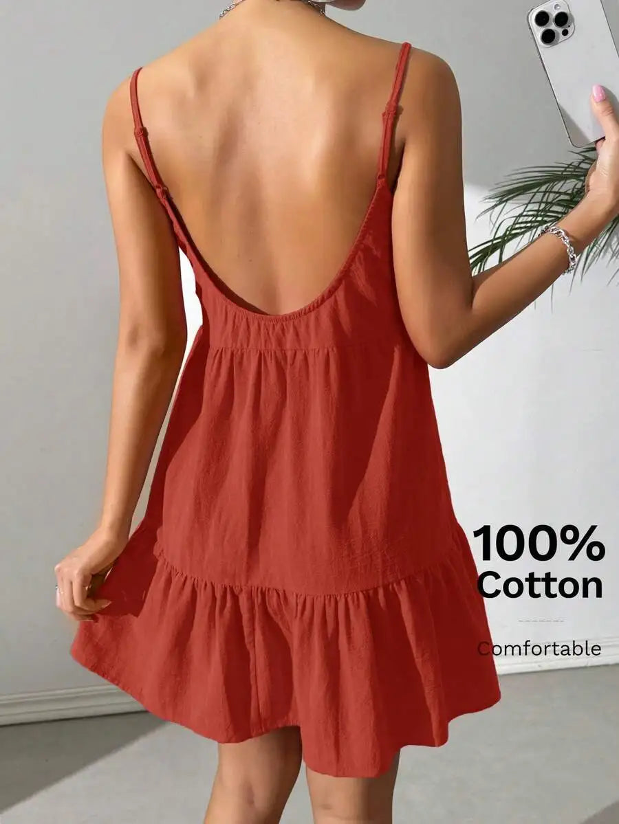 Backless Camisole Dress Ruffle Hem, Mini Dress