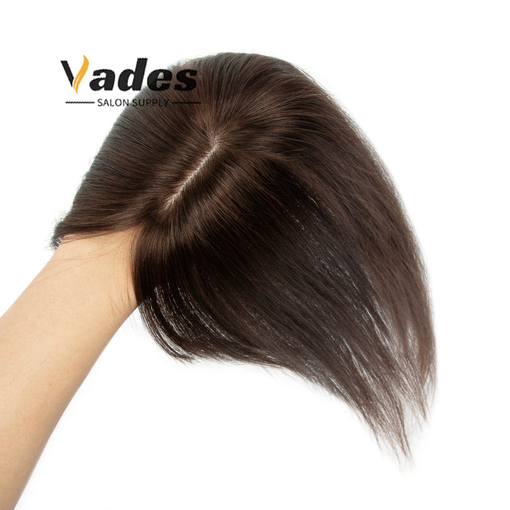 Human Hair Topper with Bangs Hand-Tied Thin 
5 * 9cm Base Light Weight Clip