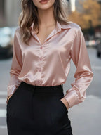 Women's Satin Button-Up Blouse, Elegant Collared Shirt