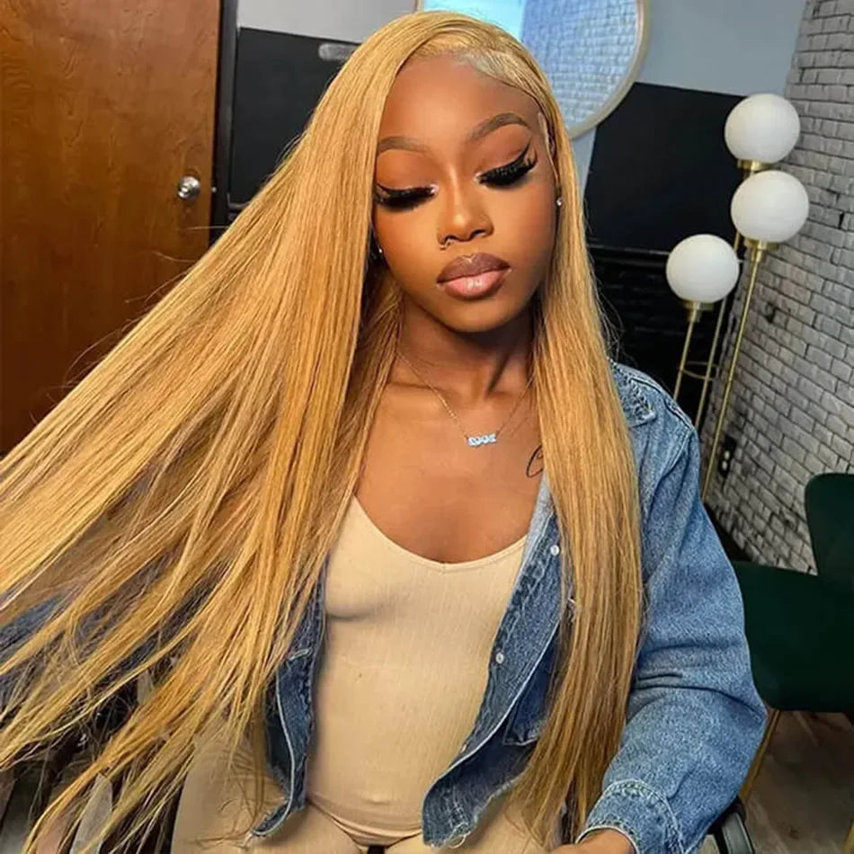 13x6 Honey Blonde HD Transparent Lace Front Wigs Human Hair 
#27 Colored Brazilian Bone Straight Lace Frontal Human Hair Wigs