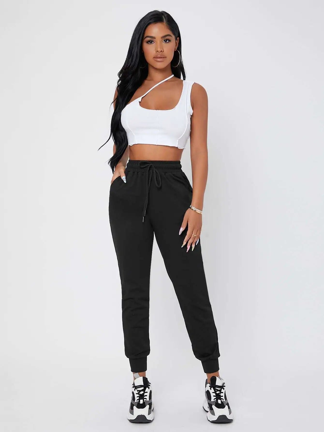 Black Drawstring Waist Jogger Pants with Elastic Cuffs